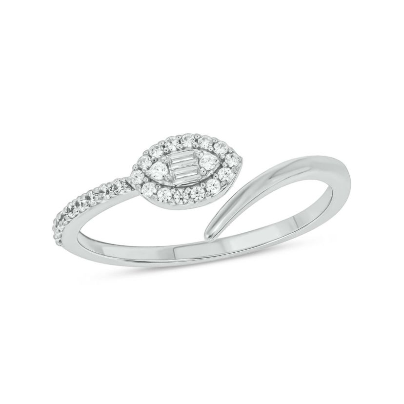 1/6 carat, Diamond Round & Baguette Marquise Composite, By Pass Ring  Band in 14K White Gold
