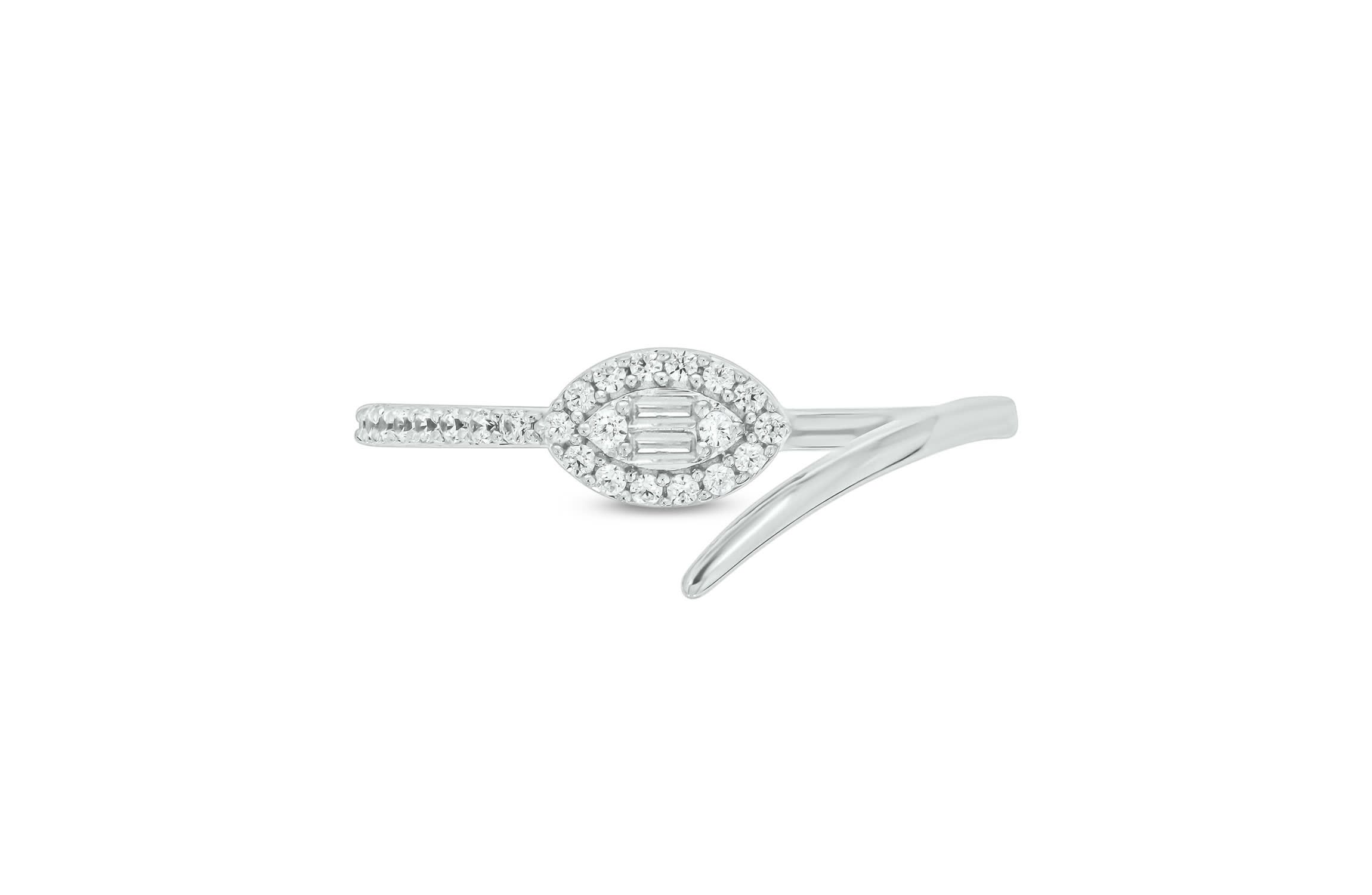 1/6 carat, Diamond Round & Baguette Marquise Composite, By Pass Ring  Band in 14K White Gold