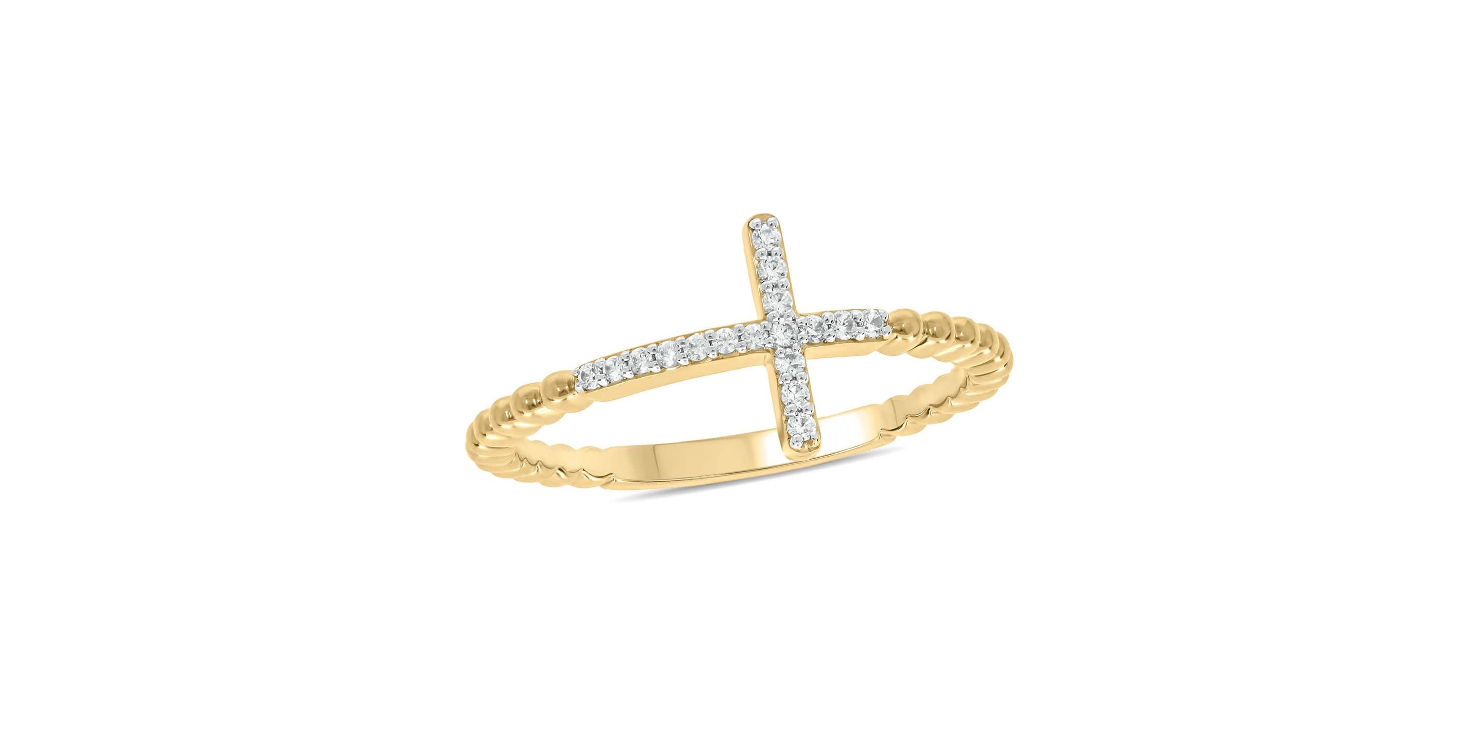 1/10 carat,Diamond Cross,Beads Band in 14K Yellow Gold