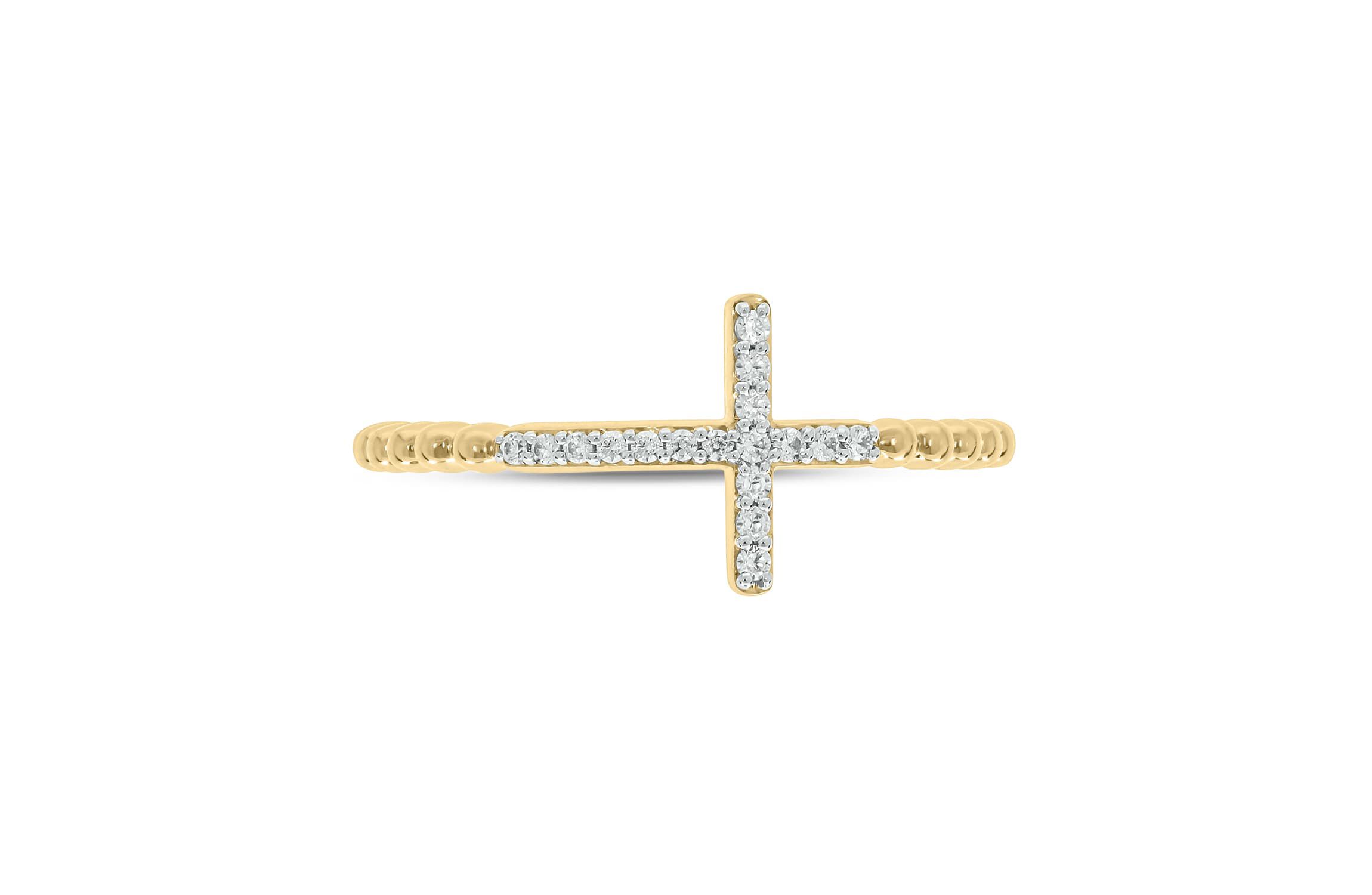 1/10 carat,Diamond Cross,Beads Band in 14K Yellow Gold