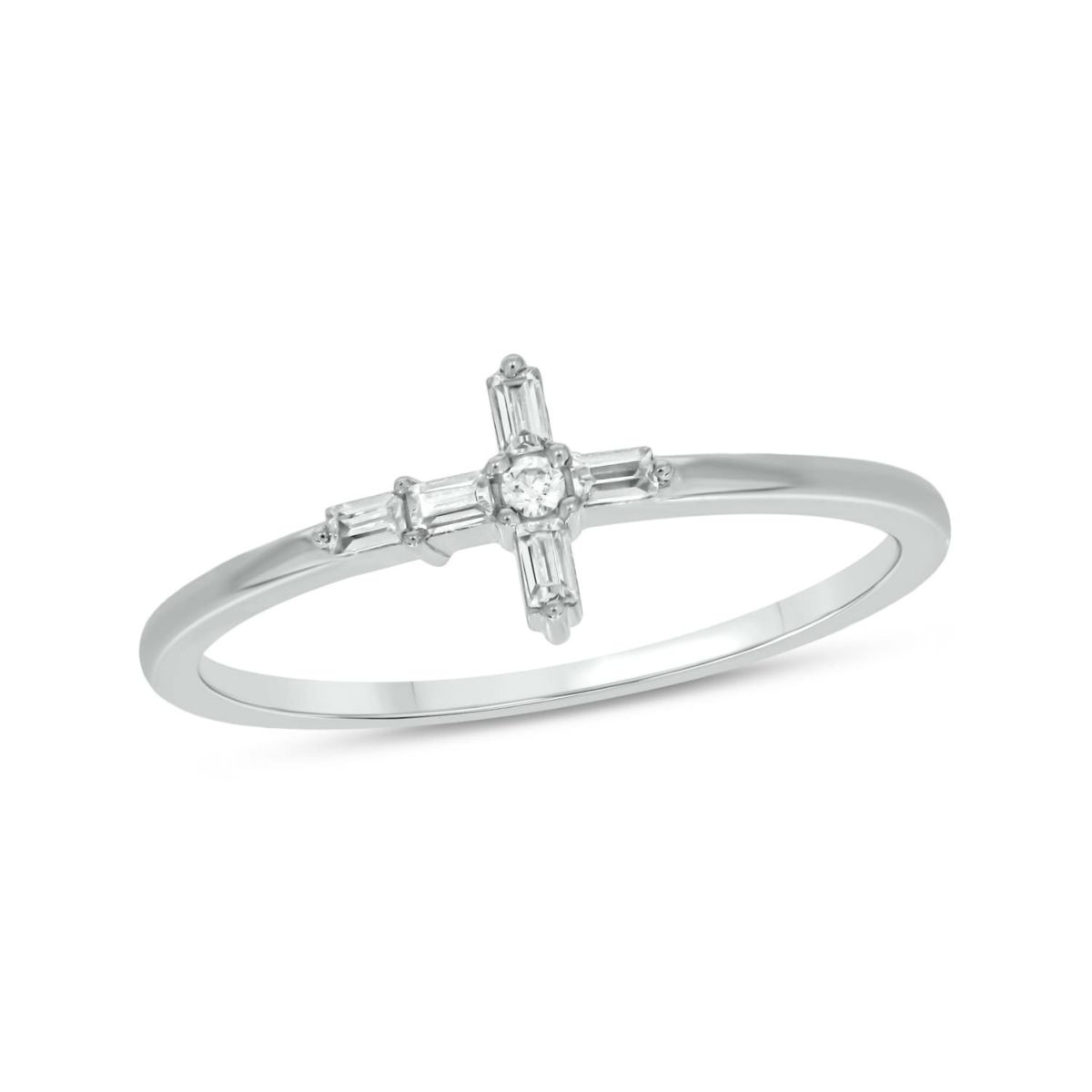 1/10 carat,Diamond Cross,Round & Baguette Ring in 14K White Gold