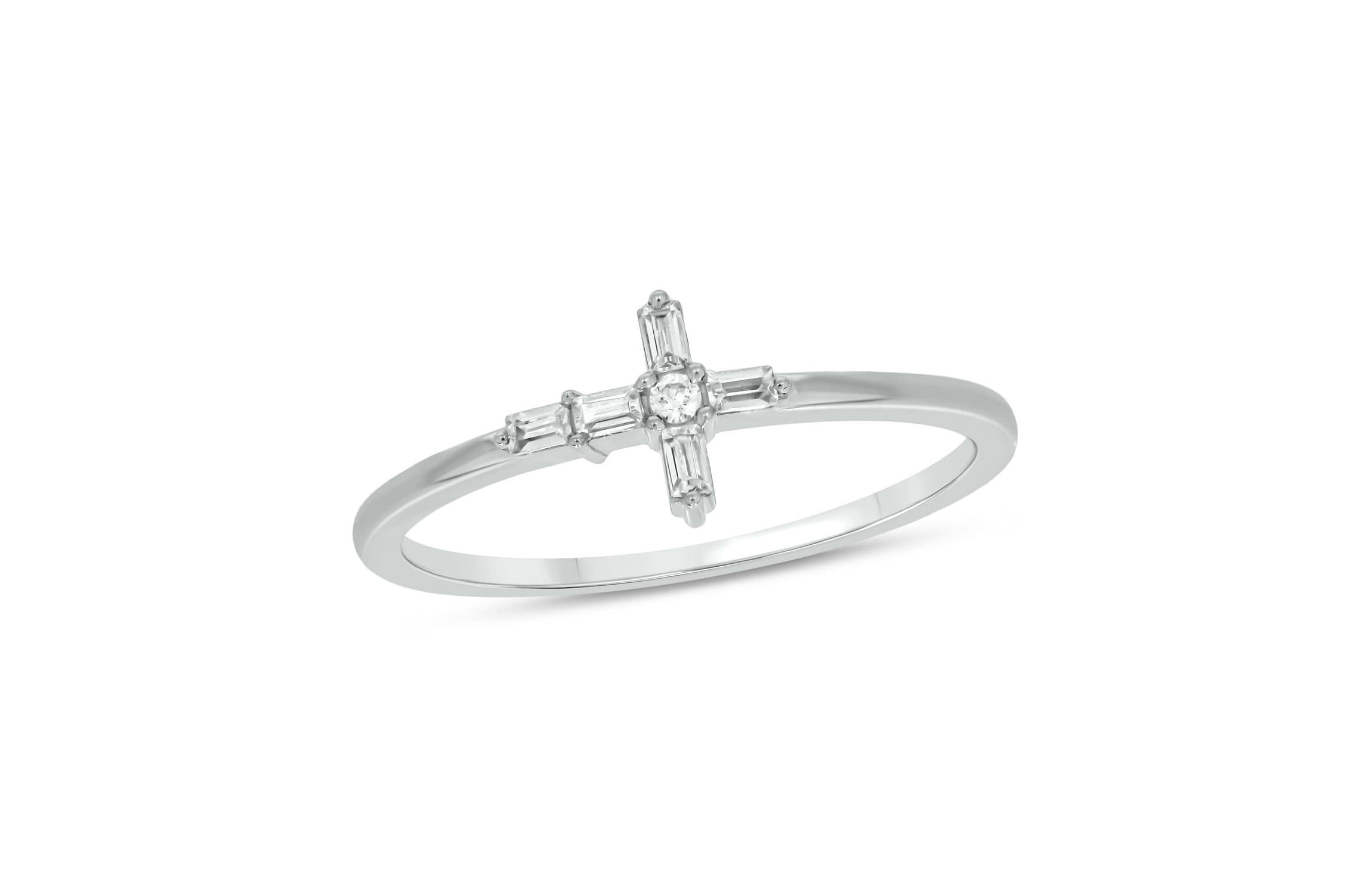 1/10 carat,Diamond Cross,Round & Baguette Ring in 14K White Gold