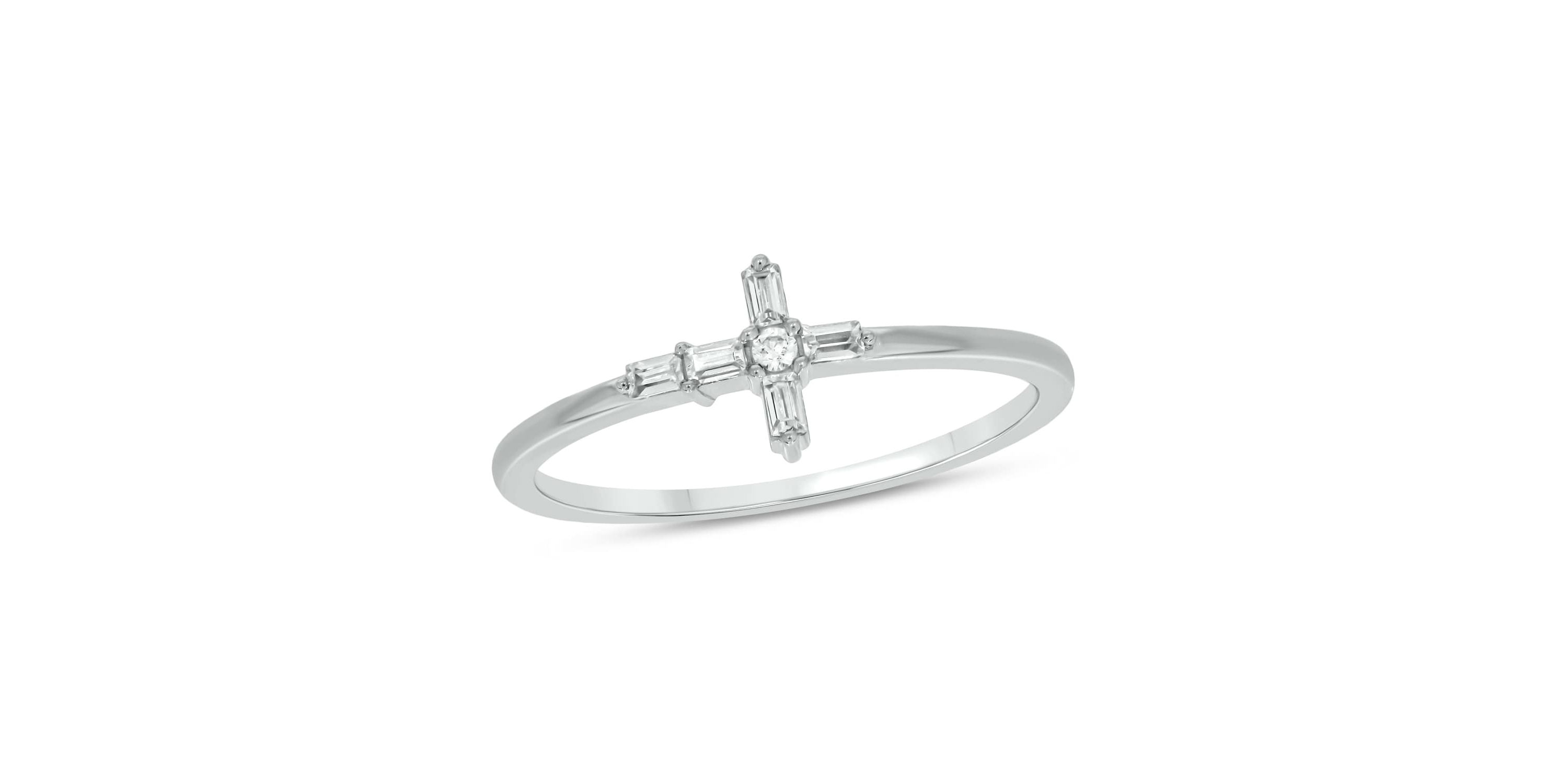 1/10 carat,Diamond Cross,Round & Baguette Ring in 14K White Gold