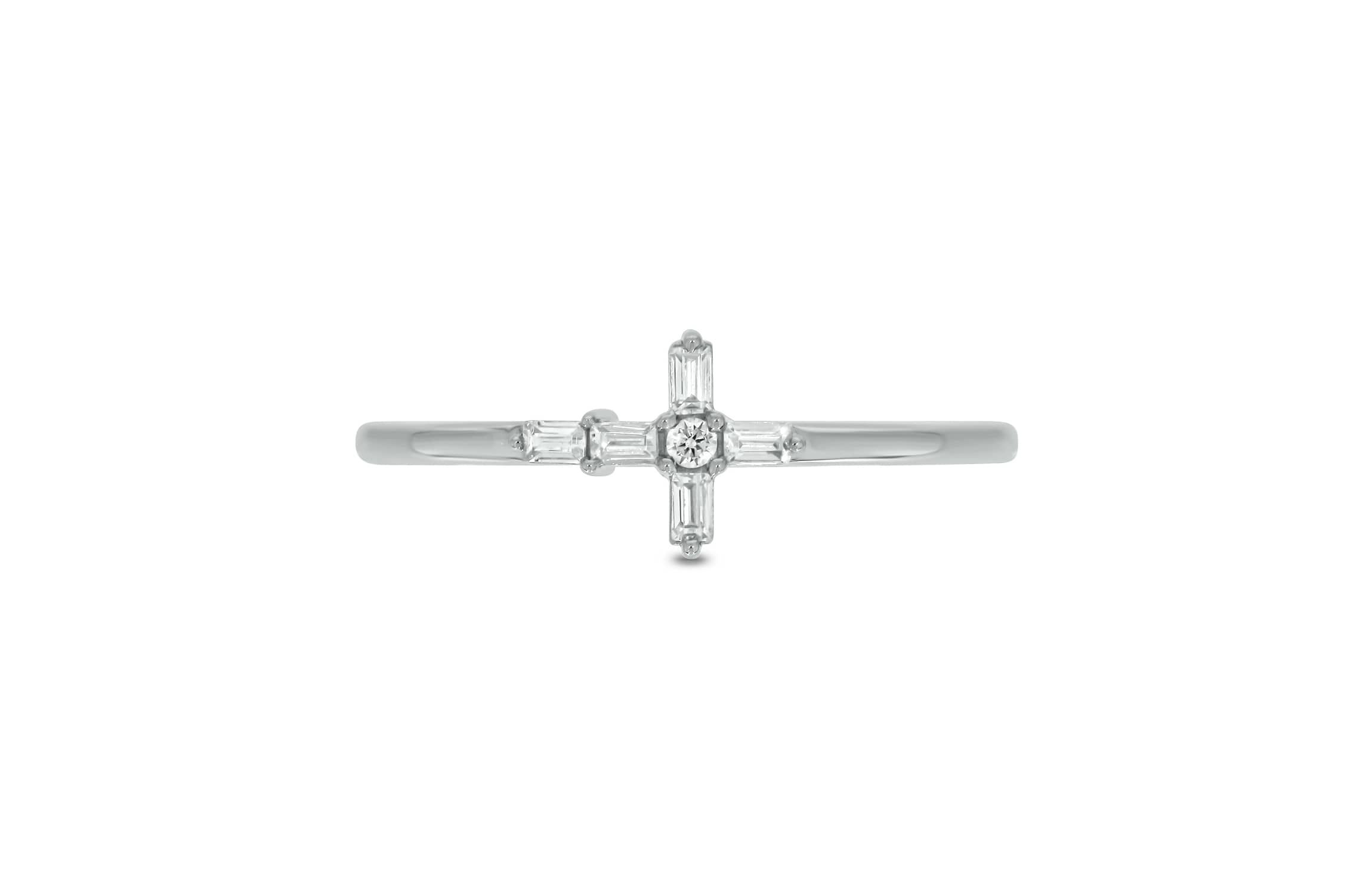 1/10 carat,Diamond Cross,Round & Baguette Ring in 14K White Gold