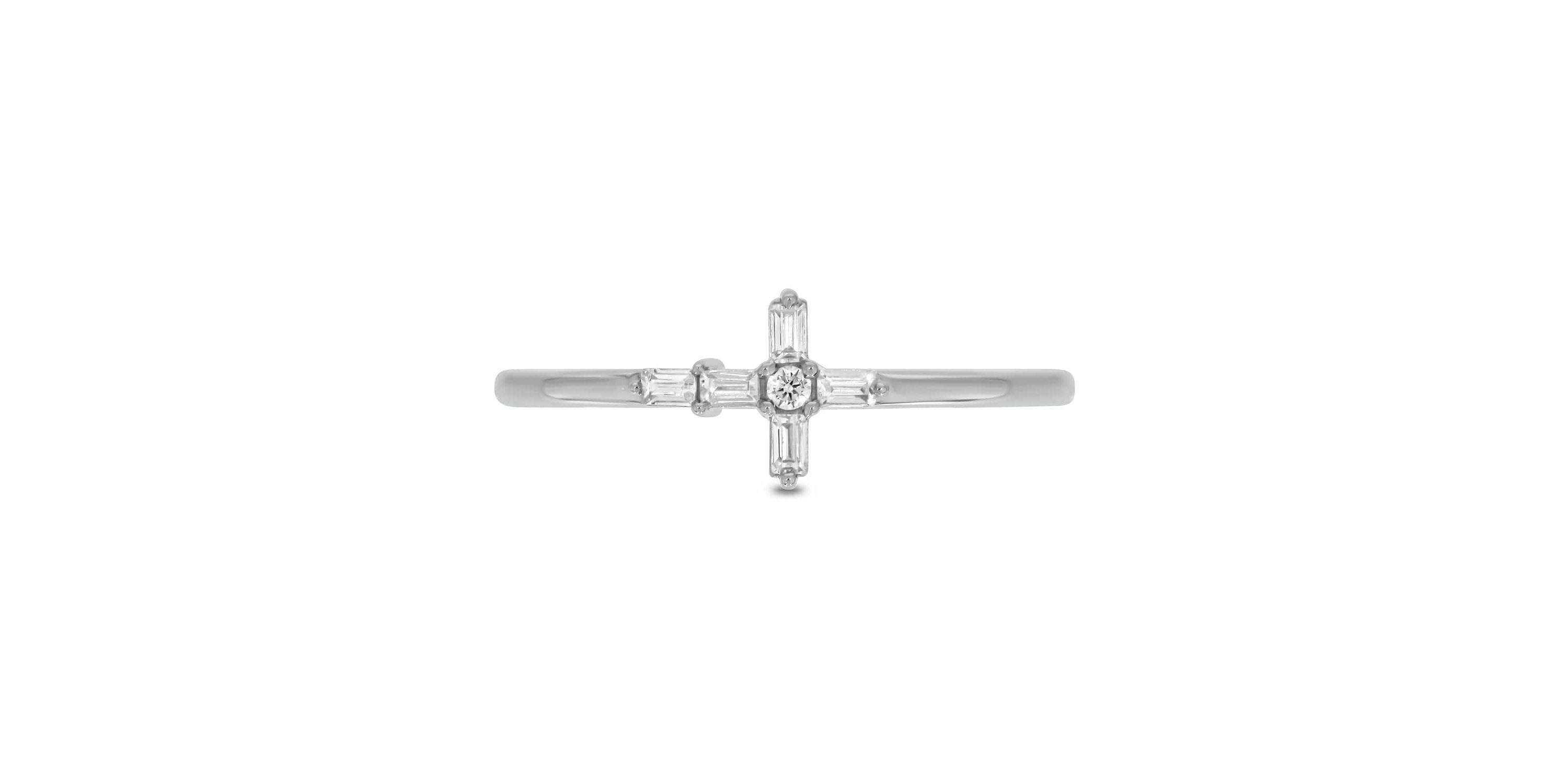 1/10 carat,Diamond Cross,Round & Baguette Ring in 14K White Gold