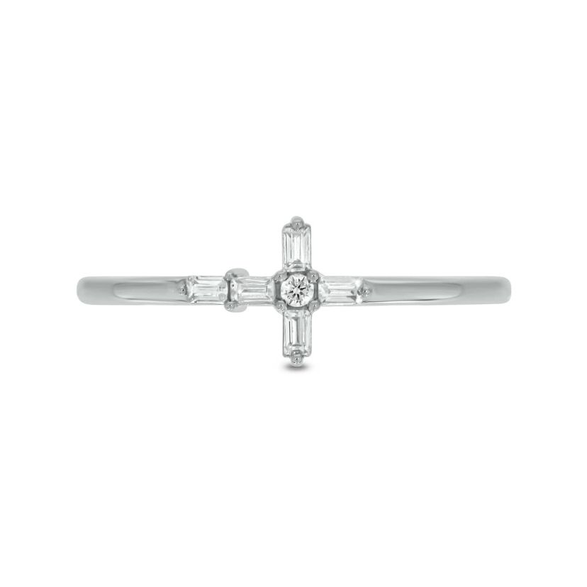 1/10 carat,Diamond Cross,Round & Baguette Ring in 14K White Gold