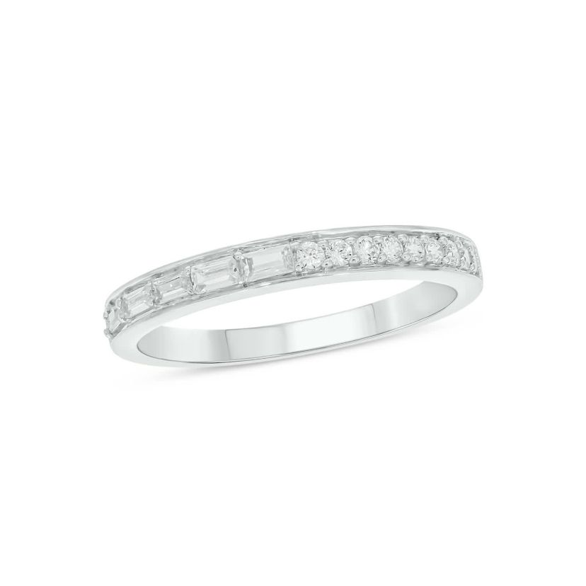 Lab Created 1/4 Carat Lab-Grown Round & Baguette Anniversary Band Ring in Sterling Silver