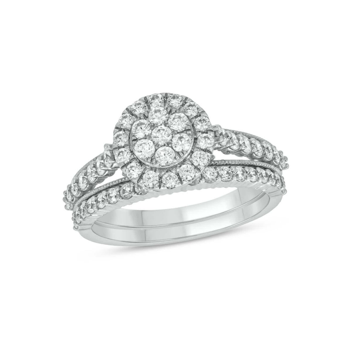 Lab Created 1 Carat Lab-Grown Diamond Round Halo Cluster Bridal Set in Sterling Silver