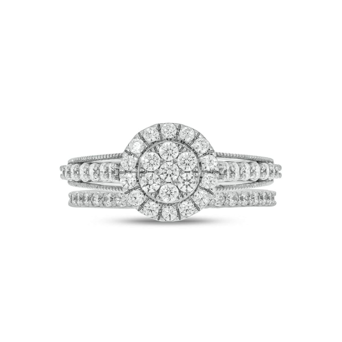 Lab Created 1 Carat Lab-Grown Diamond Round Halo Cluster Bridal Set in Sterling Silver