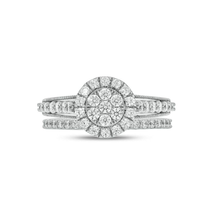 Lab Created 1 Carat Lab-Grown Diamond Round Halo Cluster Bridal Set in Sterling Silver