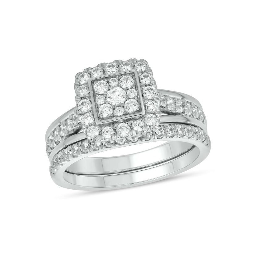 Lab Created 1 Carat Lab-Grown Diamond Square Halos Bridal Set in Sterling Silver