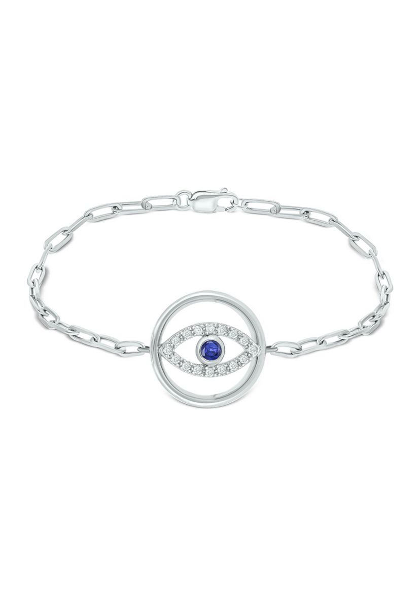 1/6 ct. t.w. Diamond and 1/8 ct. t.w. Created Black Sapphire Evil Eye Paperclip Bracelet in Sterling Silver
