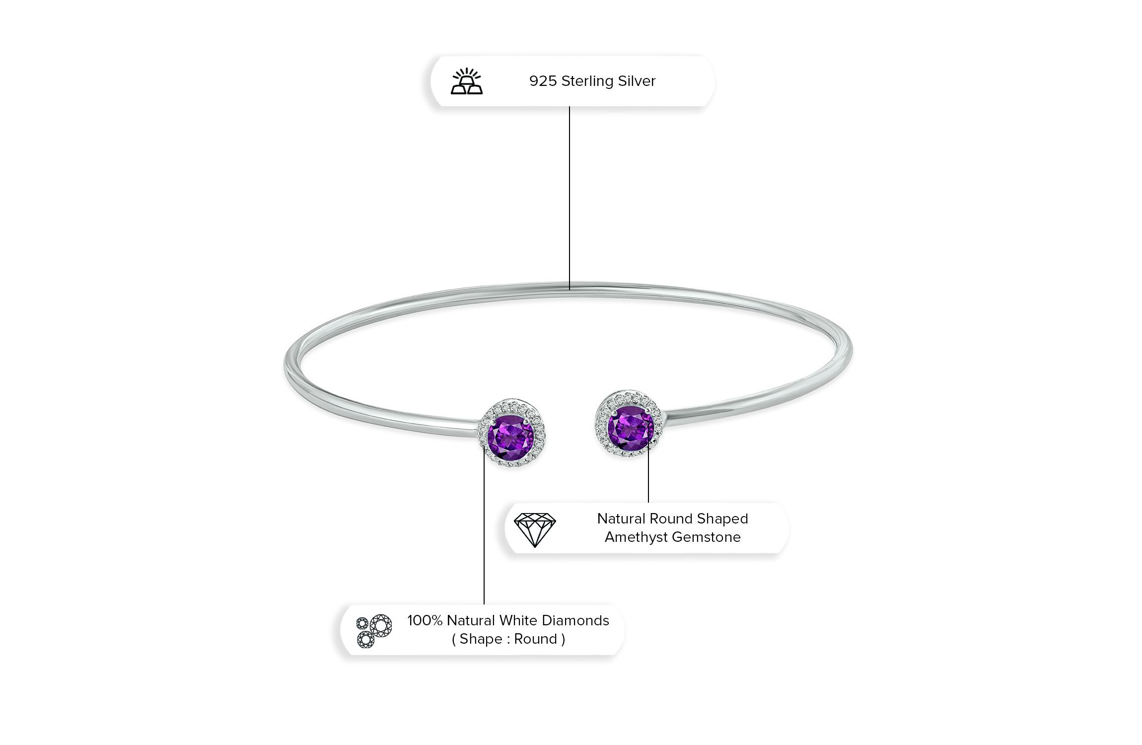 1/10 ct. t.w. Diamond Round Shape Amethyst Flex Bangle In Sterling Silver