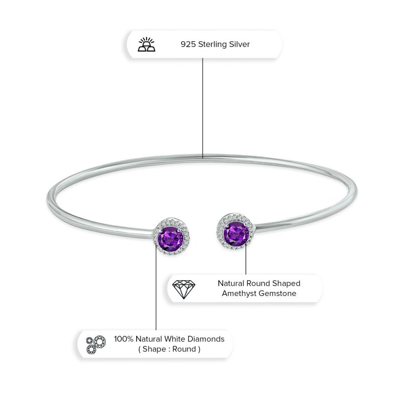 1/10 ct. t.w. Diamond Round Shape Amethyst Flex Bangle In Sterling Silver