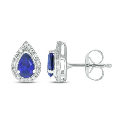 Belk & Co 1/6 ct. t.w. Diamond and 1.15 ct. t.w. Created Blue Sapphire Pear Earring in Sterling Silver, White