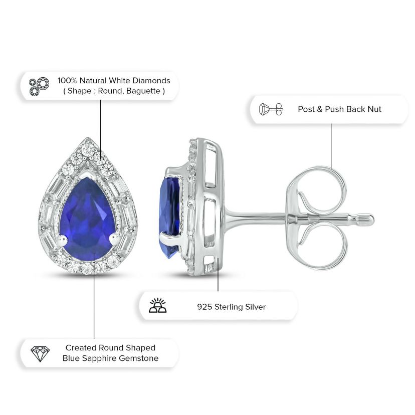 1/6 ct. t.w. Diamond and 1.15 ct. t.w. Created Blue Sapphire Pear Earring in Sterling Silver