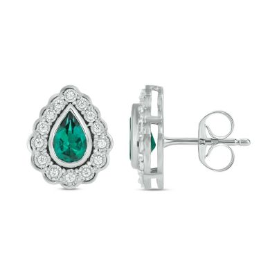 Belk & Co 1/10 carat, Diamond Tikle Halo pear-shaped Natural Emerald Gemstone Earring in 14K White Gold