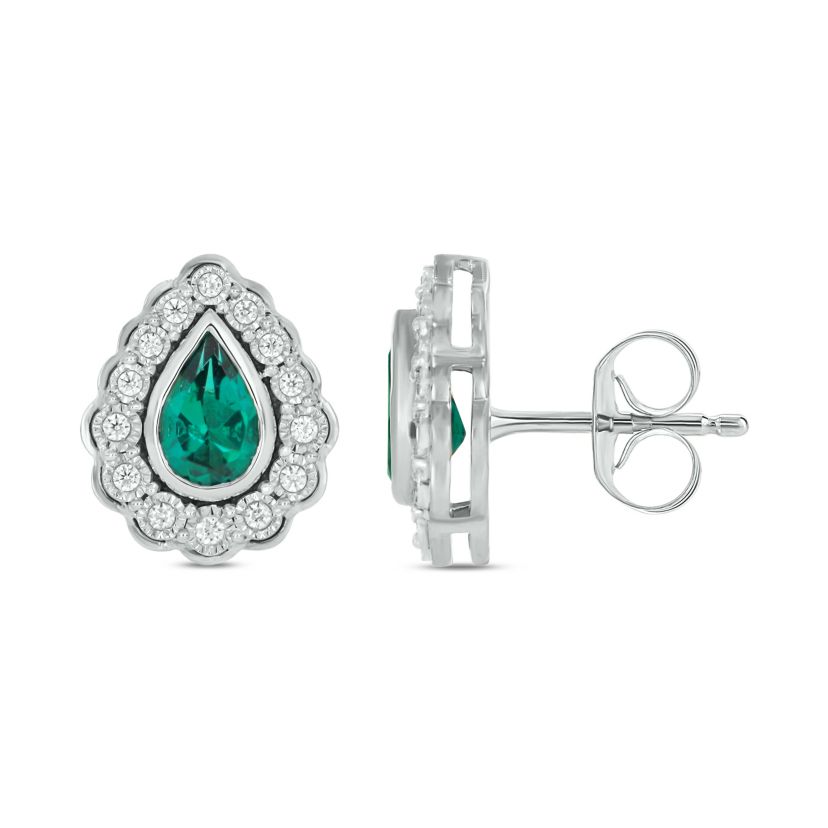 1/10 carat, Diamond Tikle Halo pear-shaped Natural Emerald Gemstone  Earring in 14K White Gold