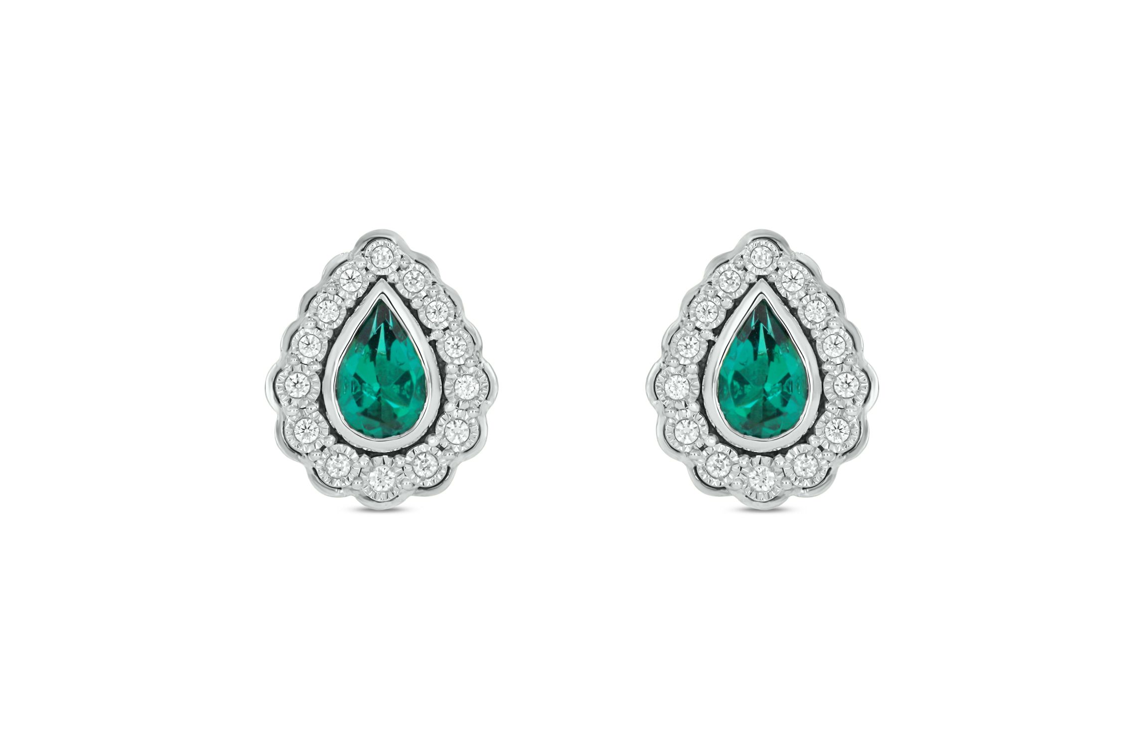 1/10 carat, Diamond Tikle Halo pear-shaped Natural Emerald Gemstone  Earring in 14K White Gold