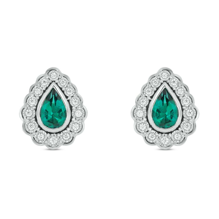 1/10 carat, Diamond Tikle Halo pear-shaped Natural Emerald Gemstone  Earring in 14K White Gold