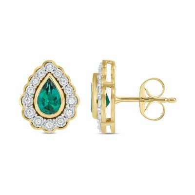 Belk & Co 1/10 carat, Diamond Tikle Halo Pear-shaped Natural Emerald Gemstone Earring in 14K Yellow Gold