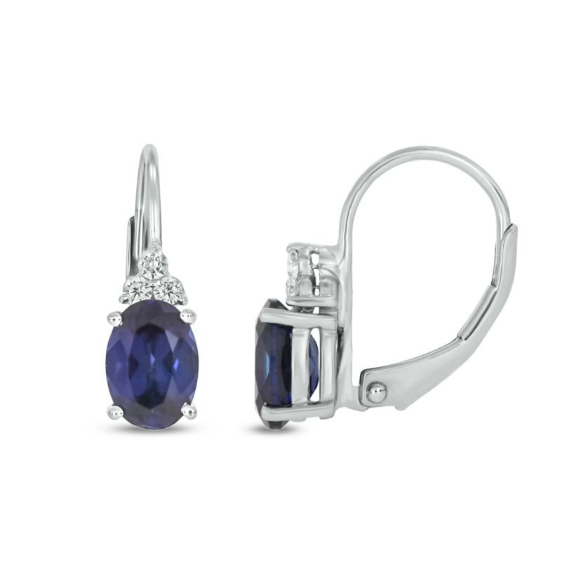 1/10 carat, Diamond Blue Sapphire And White Diamond Leverback  Earring in 14K White Gold