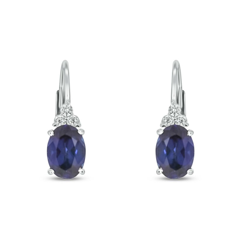 1/10 carat, Diamond Blue Sapphire And White Diamond Leverback  Earring in 14K White Gold