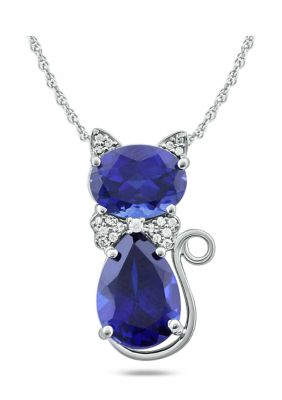 Belk & Co 6.2 Ct. T.w. Blue Sapphire And 1/10 Ct. T.w. Diamonds Cat Pendant Necklace In 10K White Gold