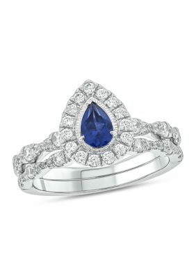 Belk & Co Lab Created 3/4 ct. t.w. Diamond and 1/2 ct. t.w. Created Pear Blue Sapphire Bridal Ring In 10K White Gold, 8