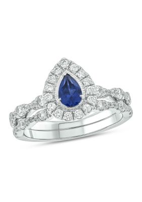 Belk & Co Lab Created 3/4 Ct. T.w. Diamond And 1/2 Ct. T.w. Created Pear Blue Sapphire Bridal Ring In 10K White Gold