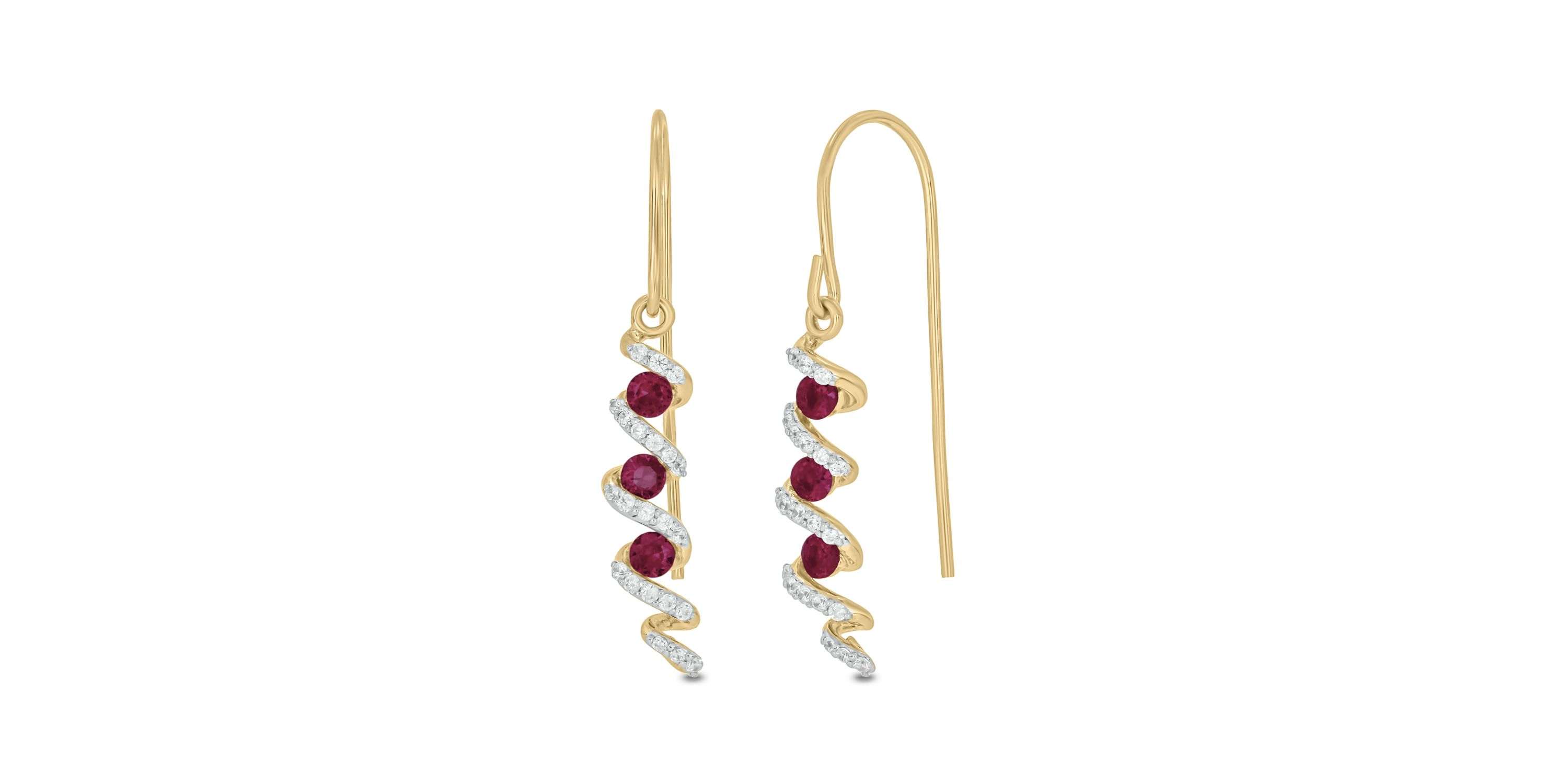 1/5 carat, Diamond T Wire, Drop Ruby Gemstone Earring in 14K Yellow Gold