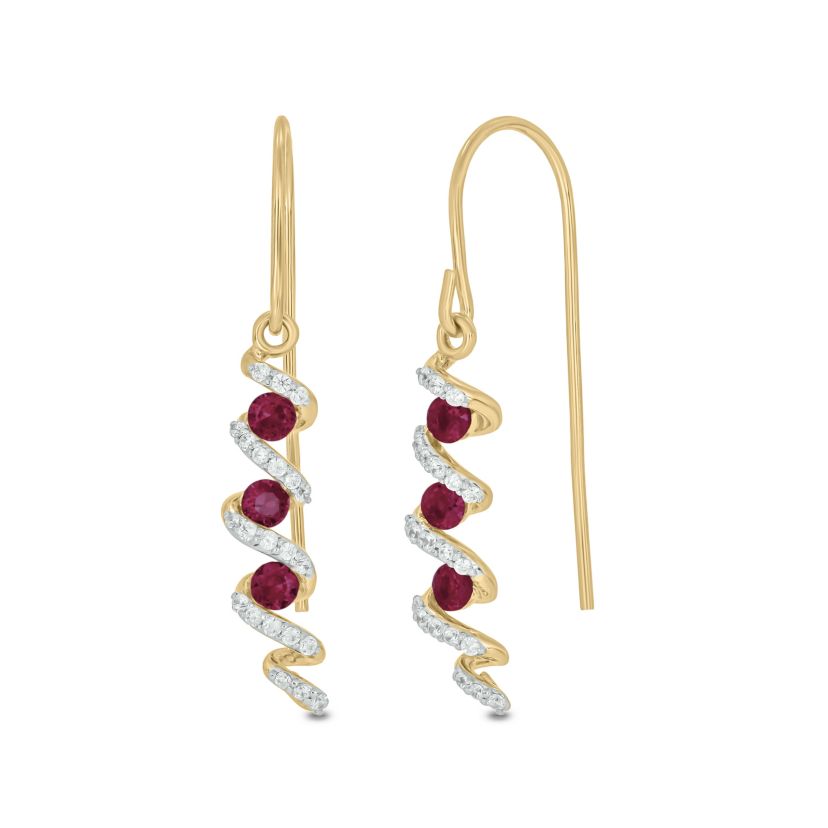 1/5 carat, Diamond T Wire, Drop Ruby Gemstone Earring in 14K Yellow Gold