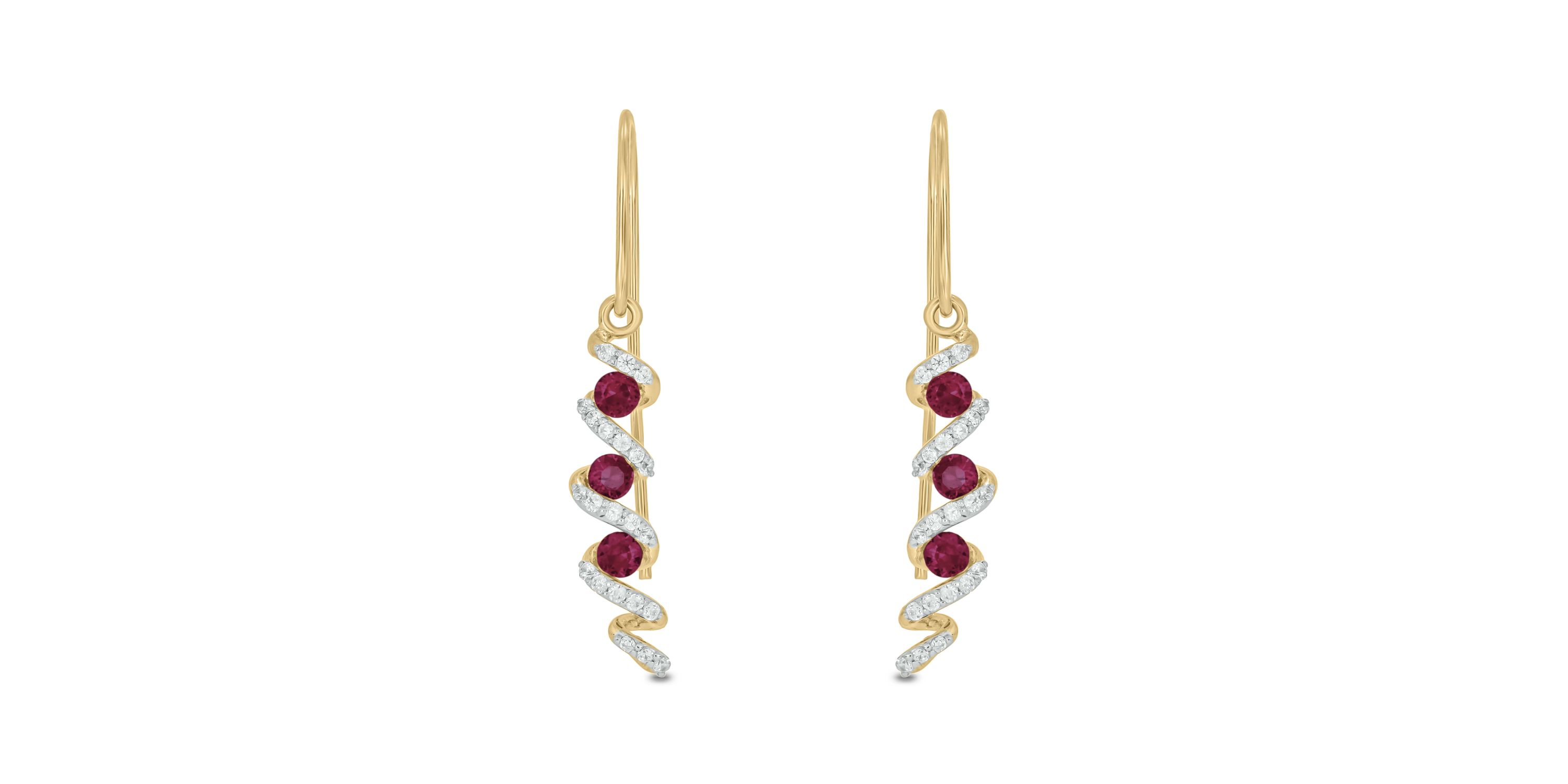 1/5 carat, Diamond T Wire, Drop Ruby Gemstone Earring in 14K Yellow Gold