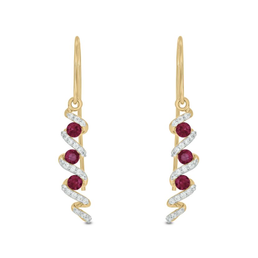 1/5 carat, Diamond T Wire, Drop Ruby Gemstone Earring in 14K Yellow Gold