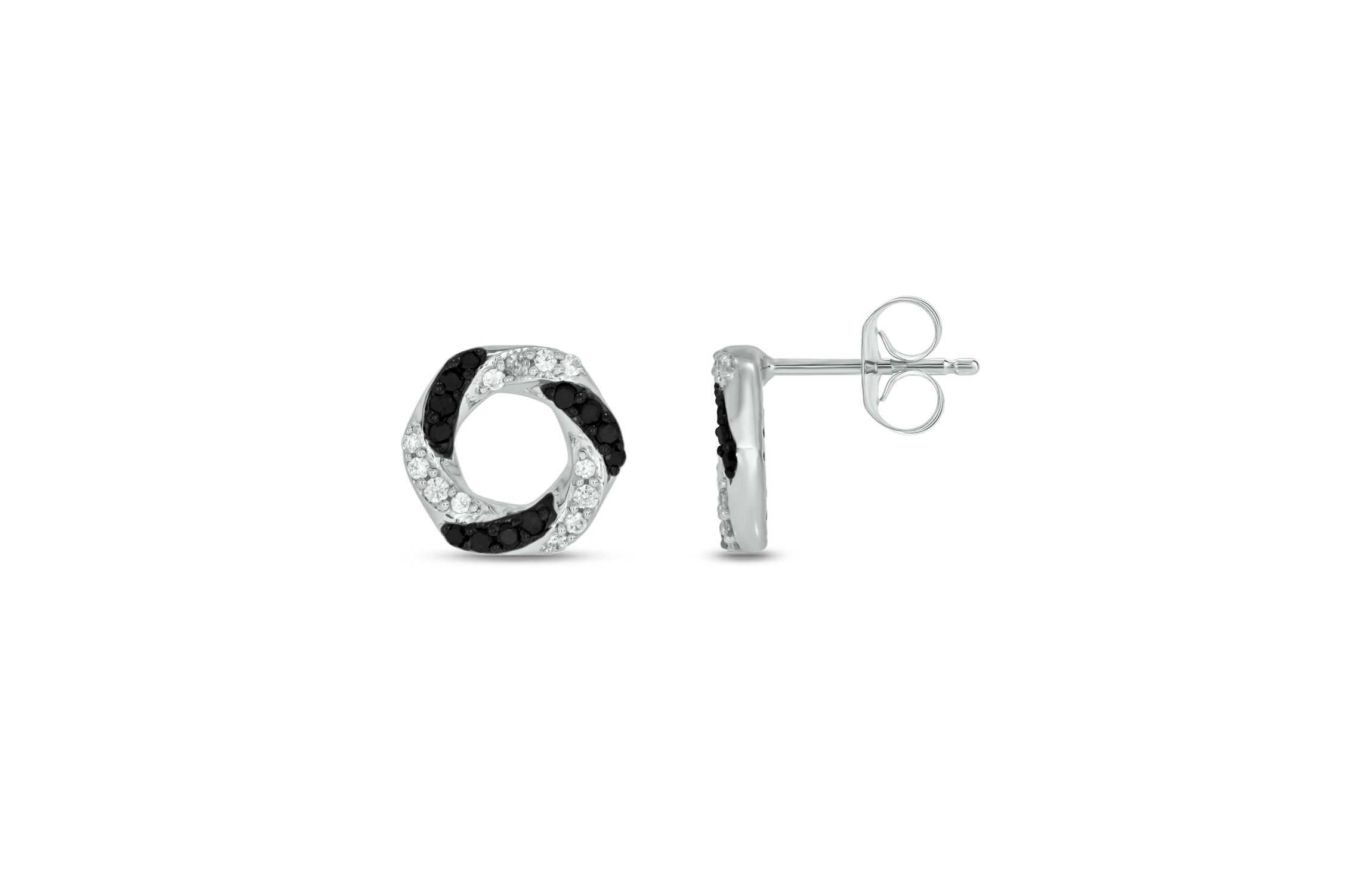 1/4 carat, Diamond Hexagon Stud Black And White Diamond Earring in 14K White Gold