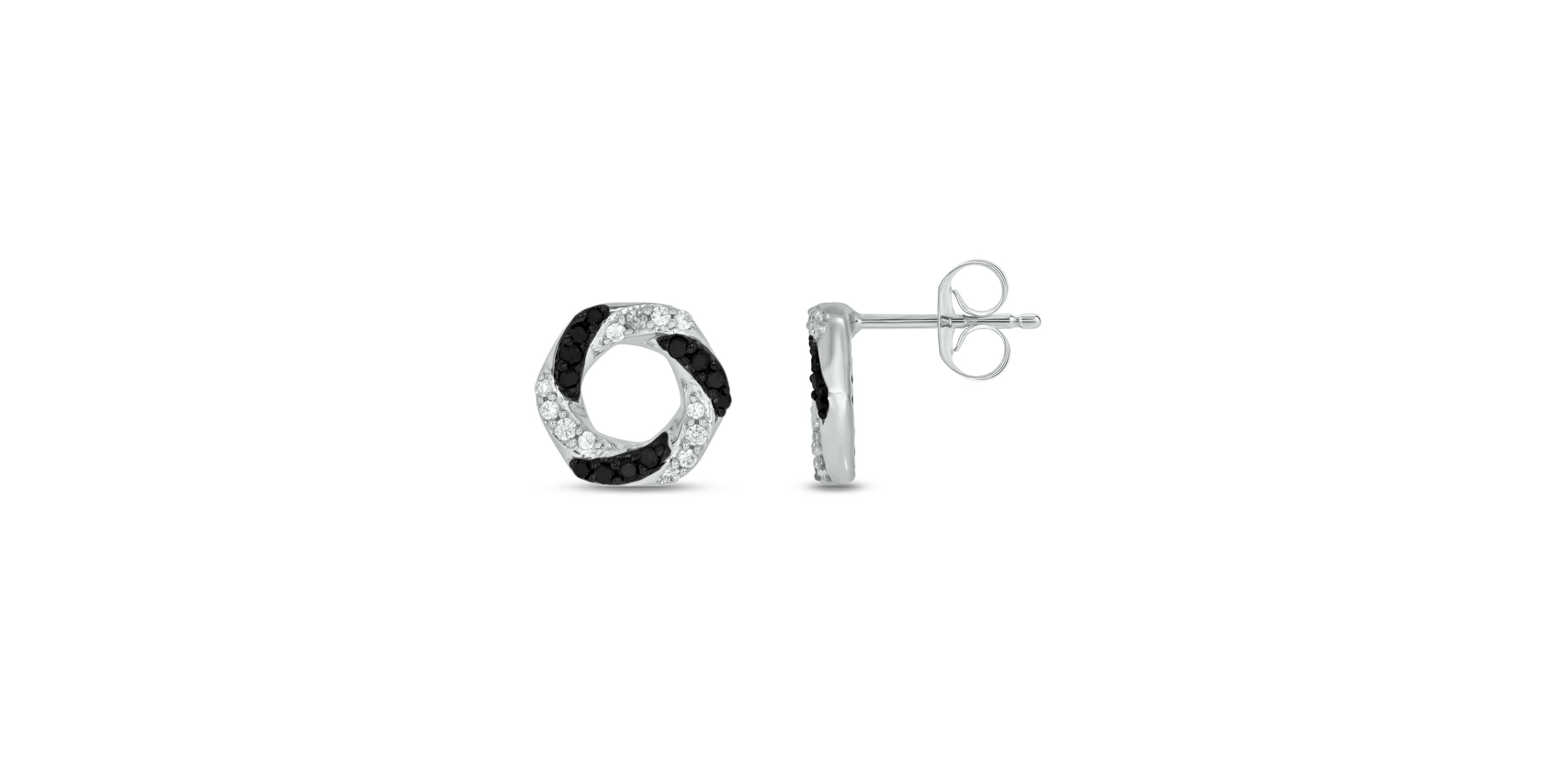 1/4 carat, Diamond Hexagon Stud Black And White Diamond Earring in 14K White Gold