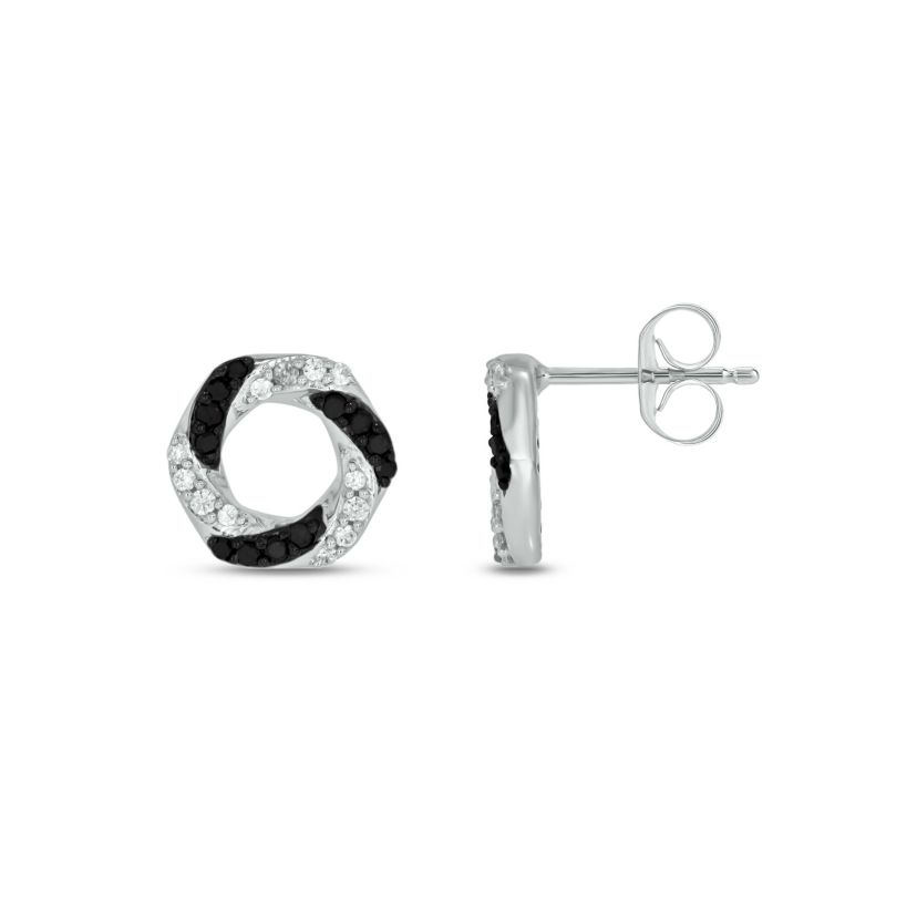 1/4 carat, Diamond Hexagon Stud Black And White Diamond Earring in 14K White Gold