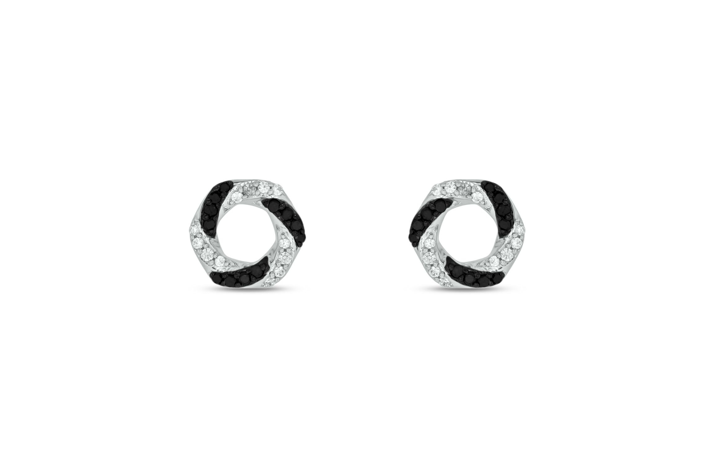 1/4 carat, Diamond Hexagon Stud Black And White Diamond Earring in 14K White Gold