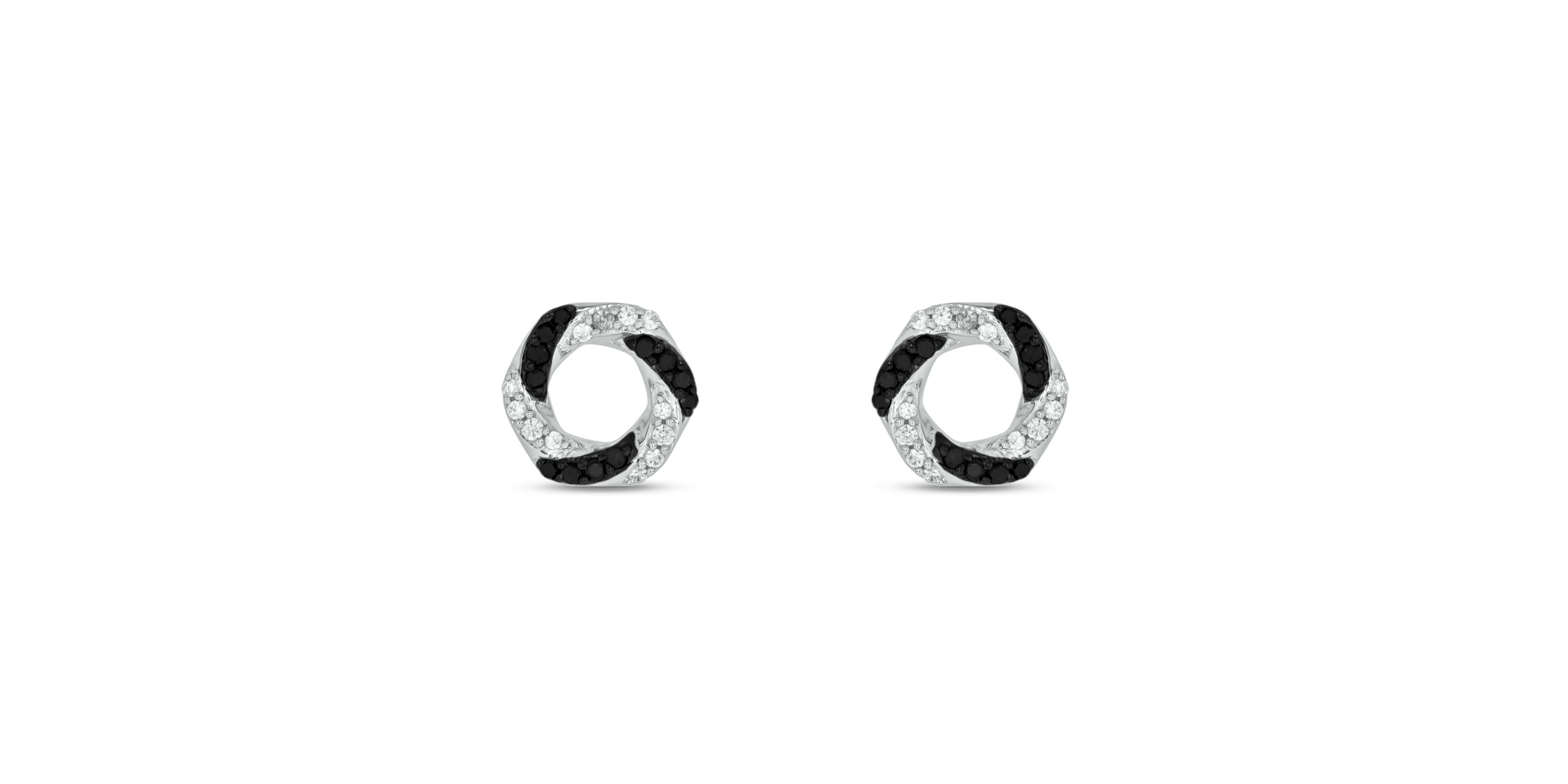 1/4 carat, Diamond Hexagon Stud Black And White Diamond Earring in 14K White Gold
