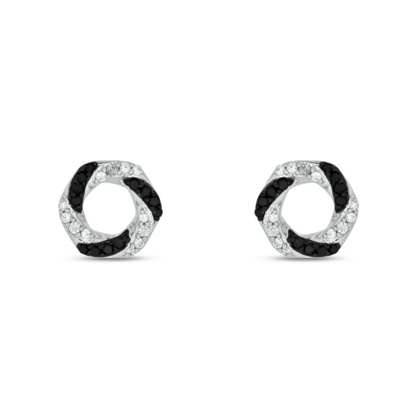 1/4 carat, Diamond Hexagon Stud Black And White Diamond Earring in 14K White Gold