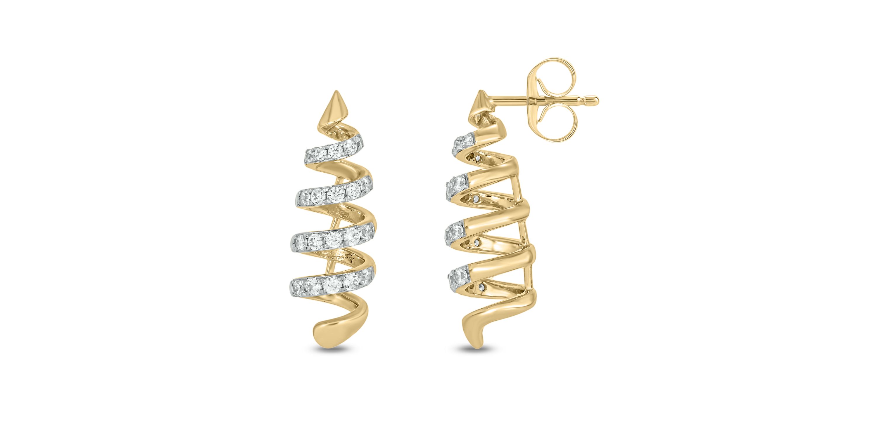 1/4 carat, Diamond Unique Spiral Design Earring in 14K Yellow Gold