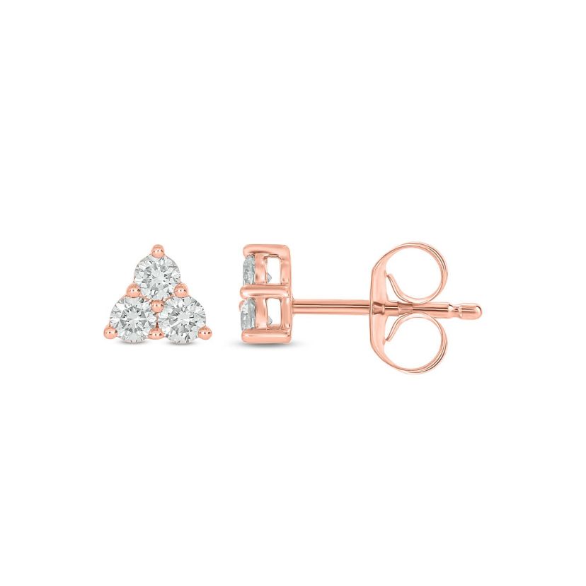 Lab Created 1/3 Carat Three Lab Grown Round Diamond Tringular Shap Stud Earring in 10KT Rose Gold