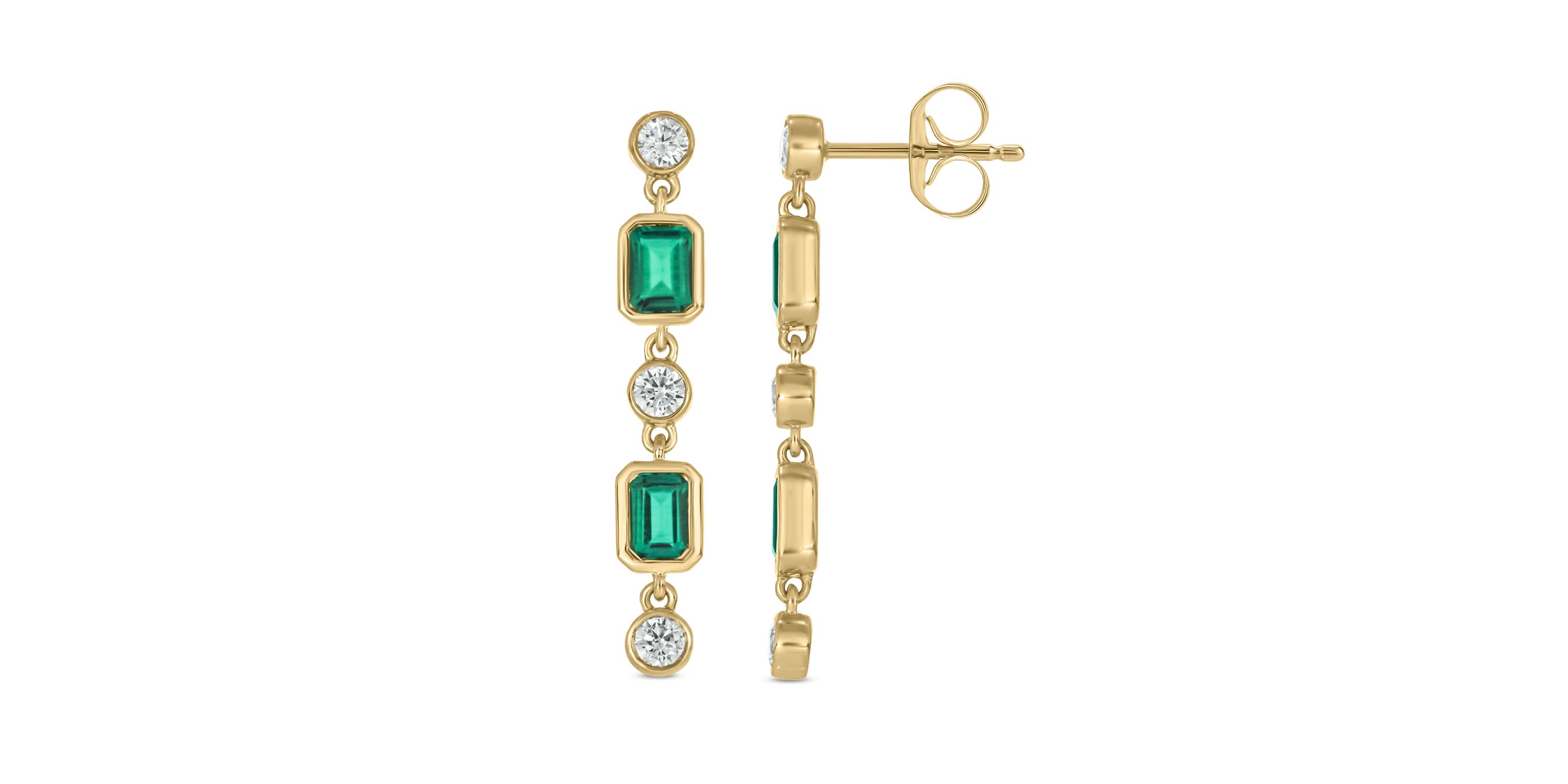 1/3 carat, Diamond Drop Green Emerald-Cut Linear Earring in 14K Yellow Gold