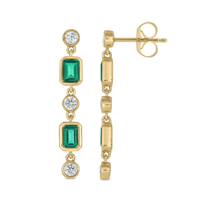 1/3 carat, Diamond Drop Green Emerald-Cut Linear Earring in 14K Yellow Gold