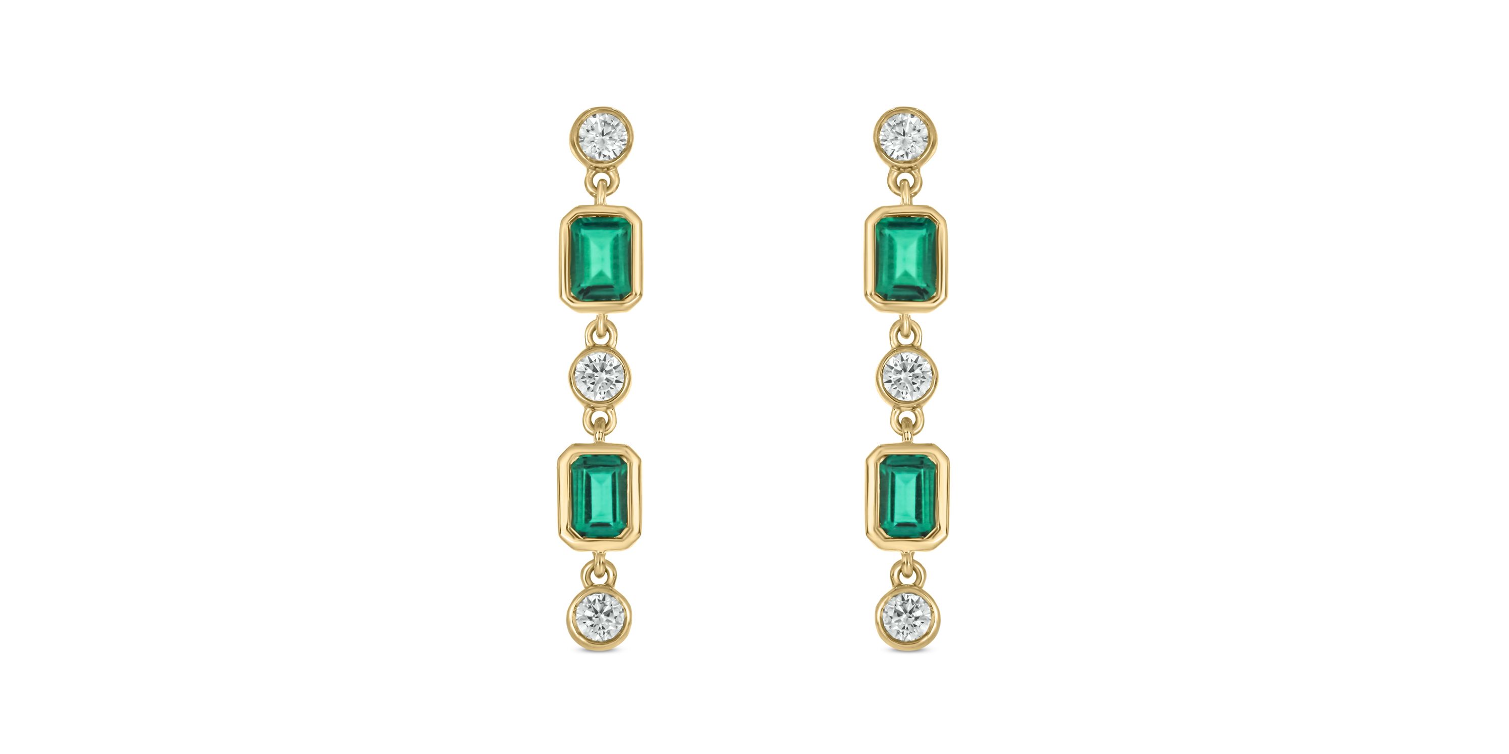 1/3 carat, Diamond Drop Green Emerald-Cut Linear Earring in 14K Yellow Gold