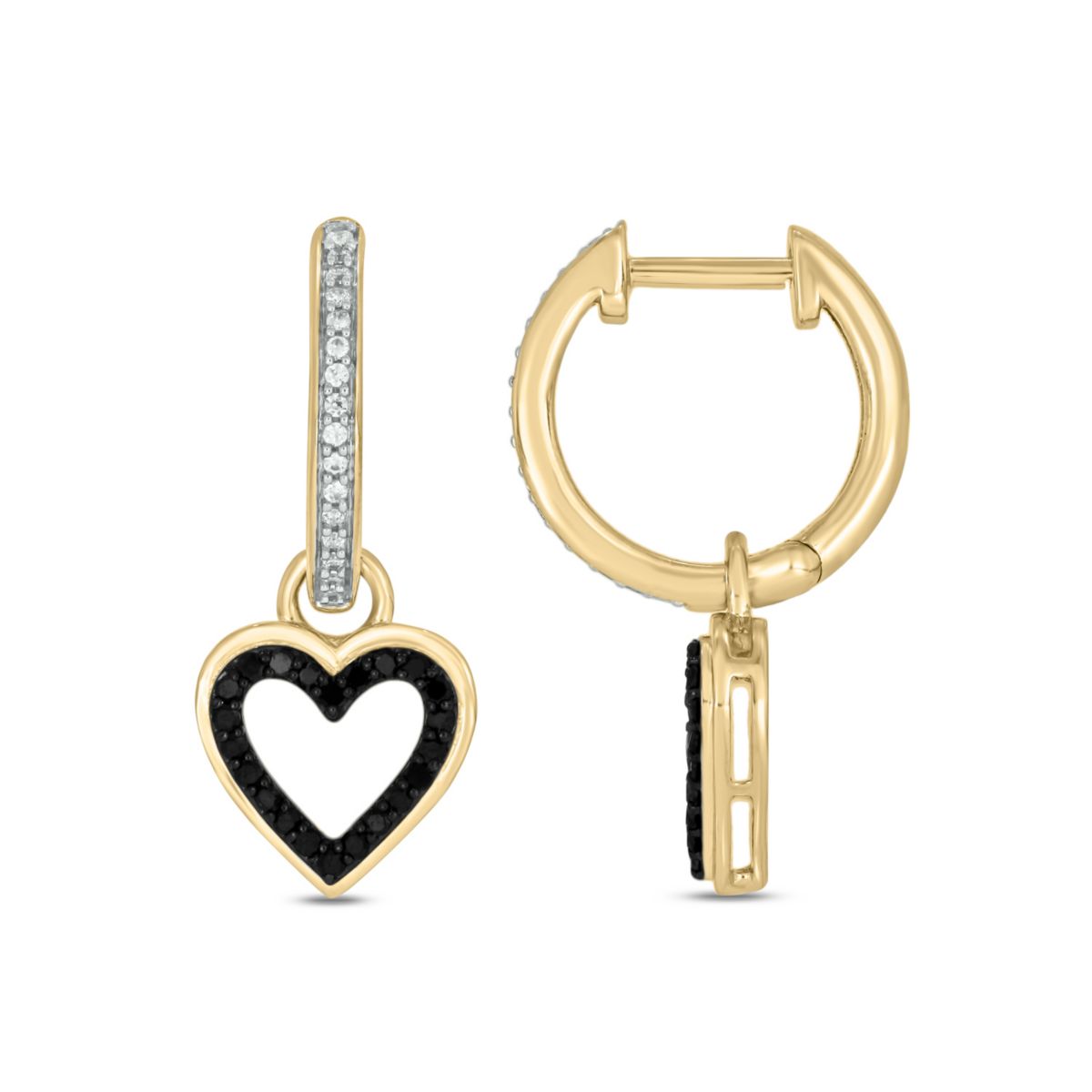1/3 ct.t.w  Diamond Hoop Heart  Dangles,Black Diamond Earring in 14K Yellow Gold