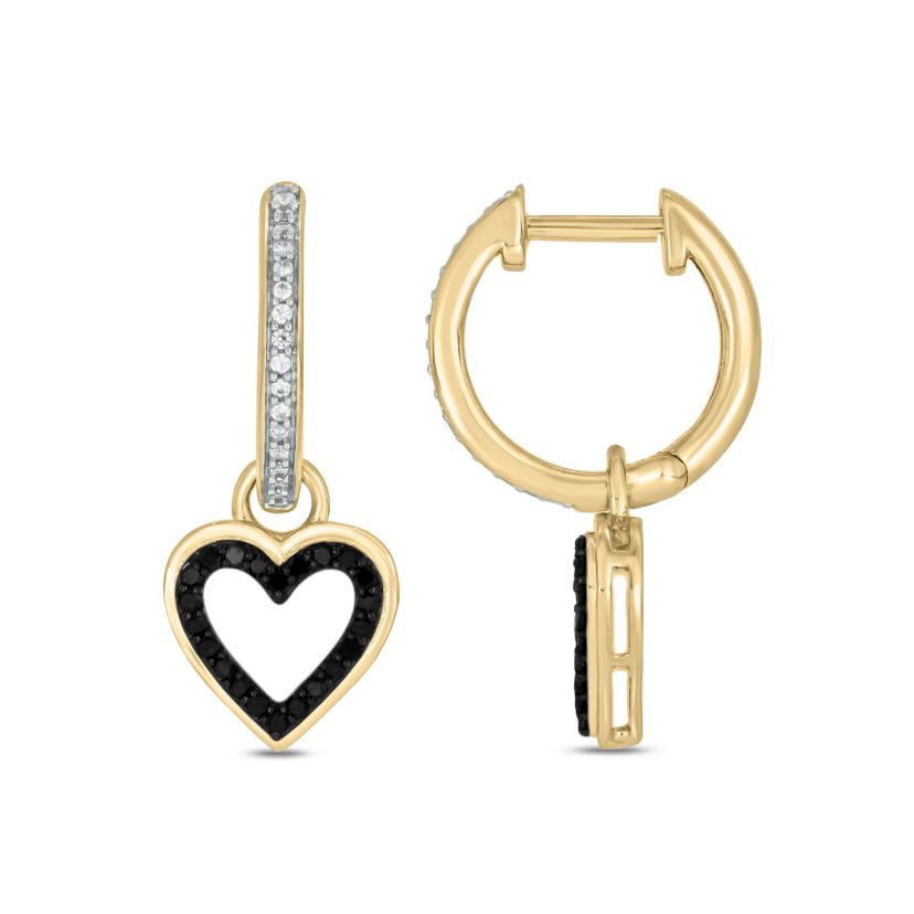 1/3 ct.t.w  Diamond Hoop Heart  Dangles,Black Diamond Earring in 14K Yellow Gold