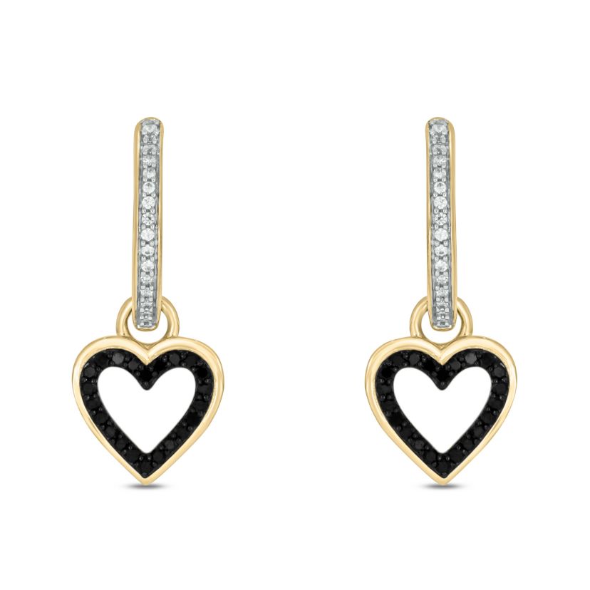 1/3 ct.t.w  Diamond Hoop Heart  Dangles,Black Diamond Earring in 14K Yellow Gold