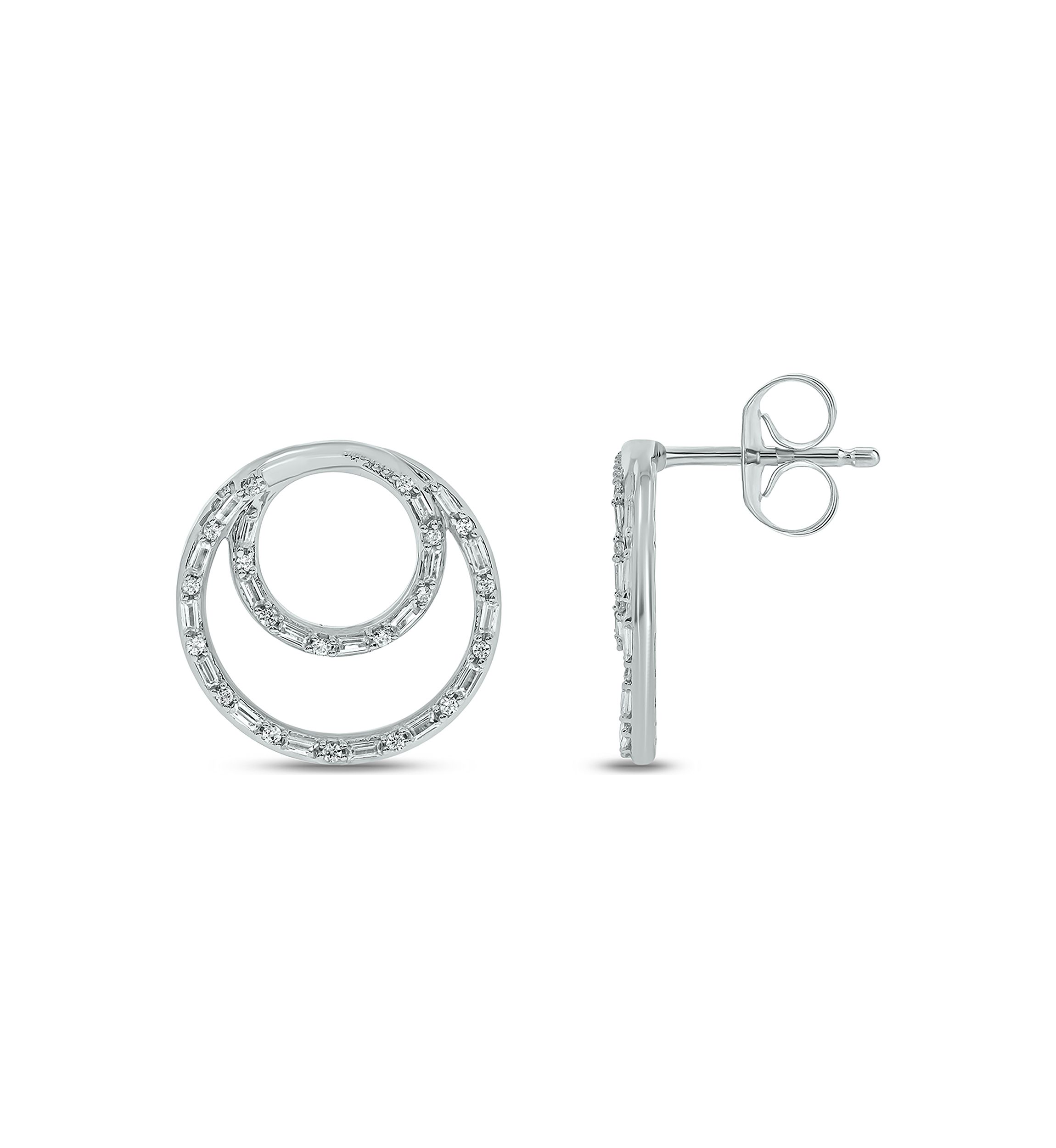 3/8 ct. t.w. Baguette Round White Diamond Circle Stud Earrings in 14K White Gold 