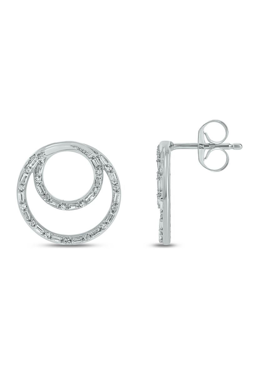 3/8 ct. t.w. Baguette Round White Diamond Circle Stud Earrings in 14K White Gold 